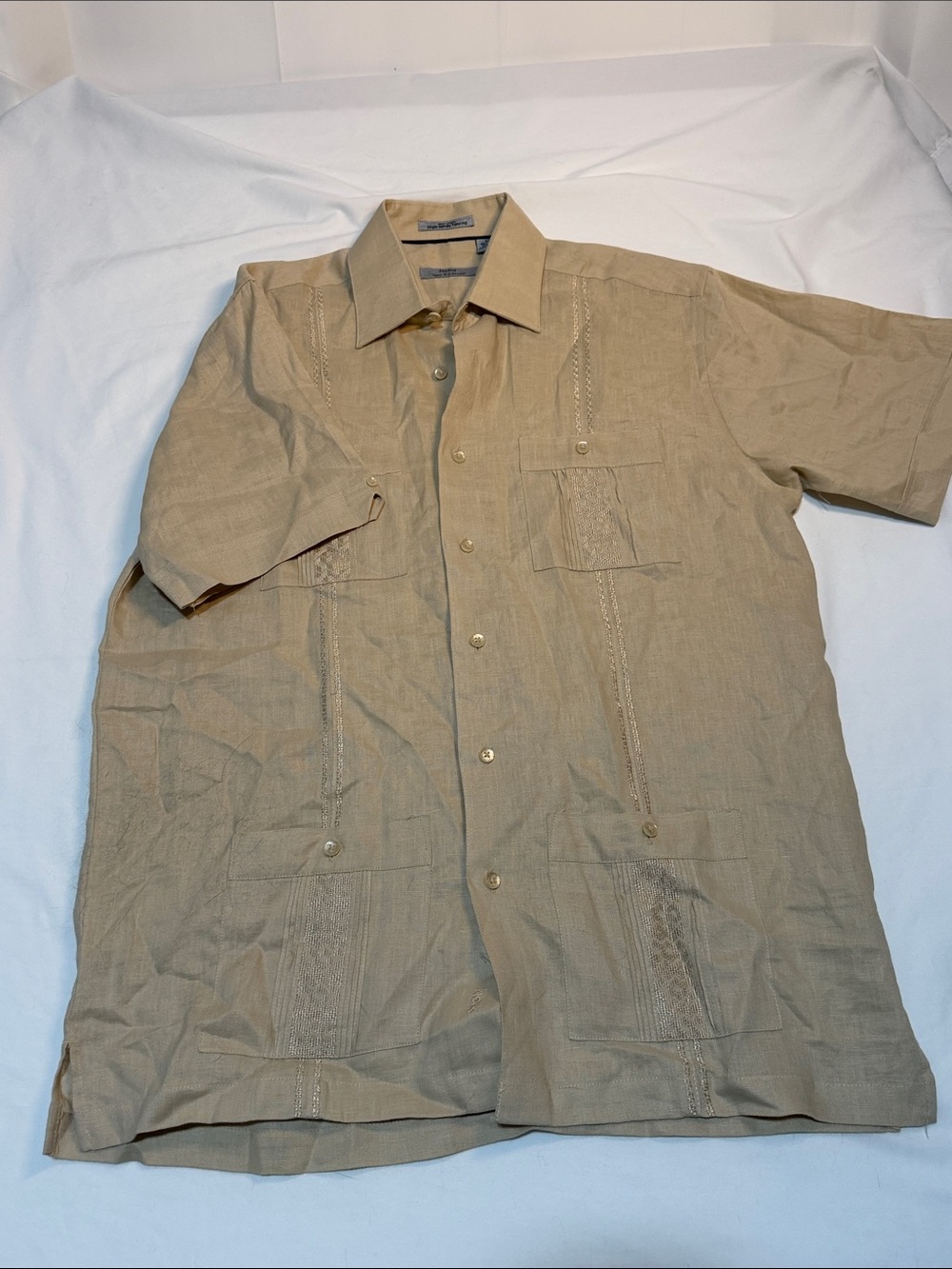 Men's NoNo Maldonado Beige 100% Linen SS Guayabera Single Stitch 4 Pkt Shirt
